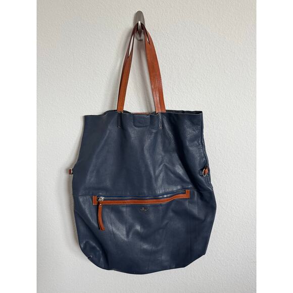 Vintage Nardelli Navy Blue Fold Over Large Tote Bag Purse Brown Shoulder Straps - Picture 1 of 8